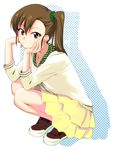  brown_eyes brown_hair casual collarbone futami_mami grin hair_ornament hair_scrunchie hands_on_own_cheeks hands_on_own_face idolmaster idolmaster_(classic) layered_skirt long_hair miniskirt nanotsuki scrunchie side_ponytail skirt smile solo squatting yellow_skirt 