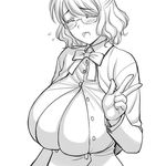  blush breasts cleavage flying_sweatdrops gigantic_breasts glasses greyscale magaki_ryouta monochrome open_clothes open_mouth open_shirt paizuri_invitation ribbon shirt short_hair smile solo sweat v 