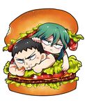  black_eyes black_hair eating food food_in_mouth food_on_face green_eyes green_hair hamburger itsuho_(panel11) lettuce long_hair makishima_yuusuke male_focus multicolored_hair multiple_boys oversized_food oversized_object red_hair sweatdrop tadokoro_jin tomato two-tone_hair yowamushi_pedal 