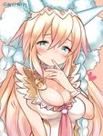  aqua_eyes blonde_hair blush breasts choker cleavage deep_skin fantasy finger_to_mouth fur_trim gold_trim half-closed_eyes headdress heart horns large_breasts long_hair looking_at_viewer marshmallow_mille pink_neckwear puzzle_&amp;_dragons sakuya_(p&amp;d) solo 