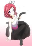  bare_shoulders breasts cat_tail cleavage collarbone eyebrows eyebrows_visible_through_hair hair_ribbon long_hair looking_at_viewer love_live! love_live!_school_idol_project medium_breasts nanotsuki nishikino_maki purple_eyes red_hair ribbon smile solo strapless tail white_ribbon 