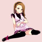  black_footwear black_legwear brown_eyes brown_hair dress hairband highres idolmaster idolmaster_(classic) long_hair minase_iori nanotsuki shoes simple_background sitting smile solo thighhighs 