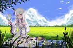  2016 animal breasts cat chahei cleavage cloud cup dated day detached_sleeves dress emilia_(re:zero) flower grass hair_flower hair_ornament hair_ribbon long_hair medium_breasts outdoors pleated_dress puck_(re:zero) purple_eyes purple_ribbon re:zero_kara_hajimeru_isekai_seikatsu ribbon seiza signature silver_hair sitting sky solo tea teacup thighhighs white_dress white_flower white_legwear 