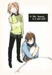  :d androgynous arm_at_side bangs black_footwear black_hair black_pants blue_shorts blush_stickers boots brown_footwear brown_hair chara_(undertale) comic english frisk_(undertale) hand_on_own_neck leg_hug long_sleeves looking_away mii_(chibinomi) multiple_others open_mouth pants red_eyes shirt short_hair shorts smile snow spoilers standing striped striped_shirt sweater undertale 