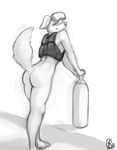  2013 anthro barefoot bottomless butt byondrage canine clothed clothing dog eyewear goggles greyscale looking_at_viewer looking_back male mammal monochrome pinup pose raised_tail rear_view simple_background smile solo white_background 