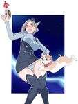  blush bouncing_breasts breasts dog drooling folded_ponytail glasses grey_eyes grey_hair high-waist_skirt hip-hop_nyang-i large_breasts open_mouth panties phaser red-framed_eyewear shirt_lift skirt solo striped striped_panties sweatdrop thighhighs tongue tongue_out underbust underwear 