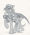  equine eyewear fan_character feathered_wings feathers female feral fur goggles greyscale hair hooves looking_at_viewer mammal monochrome my_little_pony nude pegasus scroll sketch smile solo standing tools wings yakovlev-vad 