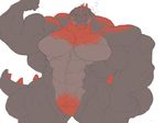  2015 5_fingers ? abs anthro armpits biceps big_biceps big_tail colored digital_drawing_(artwork) digital_media_(artwork) dinosaur flat_colors flexing front_view grey_scales humanoid_hands hyper hyper_muscles looking_at_viewer male manly markings multicolored_scales muscular muscular_male no_sclera nude obliques pecs portrait pose red_eyes red_markings red_scales scales schwartzgeist serratus simple_background smile snout standing theropod three-quarter_portrait two_tone_scales tyrannosaurus_rex white_background 