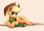  applejack_(mlp) blonde_hair cutie_mark equine eyelashes female feral friendship_is_magic fur green_eyes hair hat hooves lying mammal my_little_pony ncmares orange_fur scarf simple_background smile 