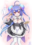  2016 ahoge alternate_costume alternate_hair_length alternate_hairstyle apron black_ribbon blue_hair blush breasts cleavage cosplay dated detached_sleeves dress enmaided food frilled_sleeves frills hair_ornament hair_ribbon hairclip heart long_hair looking_at_viewer maid maid_headdress medium_breasts minase_inori mori_marimo noa_(shironeko_project) open_mouth purple_ribbon re:zero_kara_hajimeru_isekai_seikatsu red_eyes rem_(re:zero) rem_(re:zero)_(cosplay) ribbon ribbon_trim seiyuu_connection shironeko_project solo steam takoyaki twitter_username underbust waist_apron white_legwear x_hair_ornament 