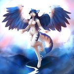  4_toes 5_fingers anthro black_nose blue_feathers blue_hair blue_stripes breasts canine digitigrade eyes_closed feathered_wings feathers featureless_breasts female flying fur hair mammal navel nude smile solo striped_fur stripes tala_(suntattoowolf) thanshuhai toes white_fur wide_hips wings wolf 
