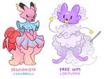  balloon black_fur blue_fur bow braixen clothing cloud dress drifloon fangs fur fusion identitypollution markings multicolored_fur needle nintendo no_iris pink_fur pok&eacute;mon pok&eacute;mon_fusion purple_fur red_eyes sewing_needle simple_background snubbull two_tone_fur video_games white_fur 