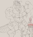  5_fingers argonian biceps big_biceps big_tail clothed clothing digital_drawing_(artwork) digital_media_(artwork) flexing front_view growth humanoid_hands hyper hyper_muscles long_tail macro male manly muscular muscular_male navel pants pecs potion reptile scalie schwartzgeist shirt sketch skimpy solo spot_color standing table the_elder_scrolls video_games 