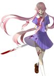  absurdly_long_hair absurdres arms_behind_back blood blood_on_face bloody_clothes bloody_weapon gasai_yuno hair_over_one_eye hangyifan97 highres loafers long_hair mirai_nikki pink_eyes pink_hair school_uniform shoes smile solo sword teeth very_long_hair weapon white_background wind wind_lift yandere 