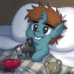  bed blue_fur brown_hair equine friendship_is_magic fur hair horn john_joseco mammal my_little_pony pillow snips_(mlp) solo teeth toy train unicorn 