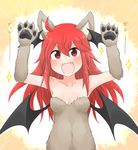 :d ahoge animal_costume animal_ears arms_up bare_shoulders bat_wings blush breasts claw_pose claws cleavage collarbone commentary_request dog_costume dog_ears elbow_gloves fangs gloves halloween head_wings koakuma long_hair looking_at_viewer low_wings nobamo_pieruda open_mouth red_eyes red_hair sidelocks simple_background small_breasts smile solo sparkle touhou translated v-shaped_eyebrows wings yellow_background 