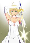  ahoge armpits artoria_pendragon_(all) blonde_hair breasts cleavage dress elbow_gloves excalibur fate/stay_night fate_(series) gloves gradient gradient_background green_eyes highres medium_breasts open_mouth saber short_hair solo sword weapon white_background white_dress xeno 