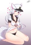  2016 absurdres animal_ears bil-ajeossi black_panties blush breast_hold breasts character_request cleavage collarbone commentary_request copyright_request dated full_body gradient gradient_background grey_background hat heart highres large_breasts long_hair looking_at_viewer navel neckerchief no_pants panties peaked_cap red_eyes sailor_collar shirt shirt_lift short_sleeves signature sitting solo sparkle tail underwear very_long_hair wariza white_hair white_shirt 