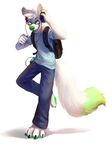  4_toes 5_fingers anthro backpack barefoot black_lips canine clothed clothing eyebrows eyes_closed fox fur green_nose headphones male mammal open_mouth portable_music_player simple_background smile solo standing teeth thanshuhai toes tongue white_background white_fur 