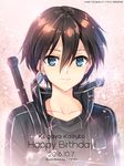  2016 black_hair character_name coat dated happy_birthday kirito male_focus smile solo sword sword_art_online trianon weapon 