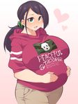  bad_id bad_pixiv_id black_hair breasts clothes_writing commentary_request green_eyes hands_on_own_stomach heart highres hood hood_down hoodie idolmaster idolmaster_cinderella_girls large_breasts long_hair pants ponytail pregnant smile solo ushi yamato_aki 
