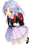  backpack bag blue_hair dress hair_ornament highres ideologue! looking_at_viewer mary_janes md5_mismatch randoseru red_eyes ribbon school_bag shoes short_twintails simple_background smile socks solo twintails white_background yuuki_hagure 