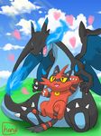  black_wings charizard closed_eyes cloud cloudy_sky day dragon fire gen_1_pokemon gen_7_pokemon harusame_(haru_nari) highres mega_charizard_x no_humans open_mouth paws pokemon pokemon_(creature) pokemon_(game) pokemon_sm sitting sitting_on_lap sitting_on_person sky torracat wings 