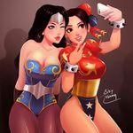  adapted_costume cellphone cellphone_camera chun-li cosplay costume_switch crossover dc_comics ecky_huang jpeg_artifacts multiple_girls pantyhose phone self_shot signature street_fighter v wonder_woman 