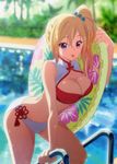  :p arched_back artist_request blonde_hair breasts cleavage day eyebrows eyebrows_visible_through_hair floral_print flower hibiscus_print highres innertube kawakami_mai large_breasts long_hair mole mole_under_eye musaigen_no_phantom_world outdoors pool purple_eyes side_ponytail solo swimsuit tongue tongue_out wet 
