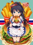  antenna_hair apron badge bangs black_hair blue_eyes breasts burger_skater_(idolmaster) button_badge buttons cheese cleavage earrings eating employee_uniform eyebrows eyebrows_visible_through_hair fast_food_uniform food food_on_face french_fries full_body ganaha_hibiki hamburger hat headset heart high_ponytail hiiringu holding holding_food hoop_earrings idol idolmaster idolmaster_(classic) jewelry lettuce long_hair looking_at_viewer medium_breasts pen ponytail puffy_short_sleeves puffy_sleeves short_sleeves solo star tomato uniform waist_apron waitress wrist_cuffs 