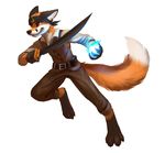  4_toes anthro black_nose canine clothed clothing digitigrade fluffy fluffy_tail fox fur holding_object holding_weapon male mammal melee_weapon orange_eyes orange_fur simple_background smile solo sword teeth thanshuhai toes weapon white_background 