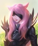  1girl animal_ears armor bandage_over_one_eye blue_eyes blurry blurry_background cat_ears closed_mouth commission facial_mark final_fantasy final_fantasy_xiv highres lips long_hair looking_at_viewer miqo&#039;te nguyen_uy_vu outdoors pink_hair portrait solo tree upper_body whisker_markings 