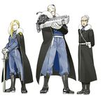  2boys absurdres amestris_military_uniform black_hair blackfoxes blonde_hair blue_eyes braid buccaneer_(fma) dark_skin facial_hair fullmetal_alchemist fur_trim gloves highres long_coat long_hair miles_(fma) military military_uniform multiple_boys mustache olivier_mira_armstrong ponytail prosthesis prosthetic_arm sheath sheathed sword uniform weapon white_background white_hair 