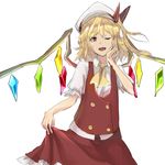  ;d blonde_hair flandre_scarlet gomibukurokarasu hand_on_own_cheek hat highres looking_at_viewer mob_cap one_eye_closed open_mouth red_eyes skirt skirt_hold smile solo touhou 