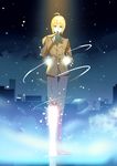  absurdres ahoge artoria_pendragon_(all) black_gloves fate/stay_night fate/zero fate_(series) formal gloves glowing green_eyes highres lucky_(1045044604) mouth_hold pant_suit saber solo suit 
