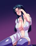  black_hair breasts center_opening choker cleavage closed_mouth collarbone commentary_request covered_nipples empty_eyes kousaka_shigure kuro_fn large_breasts long_hair long_sleeves looking_away navel off_shoulder open_clothes open_shirt pink_lips purple_eyes purple_legwear shijou_saikyou_no_deshi_ken'ichi shirt sidelocks solo stomach thighhighs waking_up white_shirt wide_sleeves wiping 