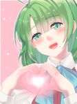  :d blush commentary_request glowing green_eyes green_hair head_tilt heart heart_hands hige_shinshi kantai_collection mole mole_under_mouth open_mouth pink_background smile solo upper_body yuugumo_(kantai_collection) 