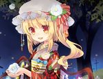  :d bangs blonde_hair bow commentary_request cross fang flandre_scarlet flower hat hat_bow hat_flower holding holding_flower japanese_clothes kimono looking_at_viewer mob_cap night obi open_mouth red_eyes sash sen1986 side_ponytail sidelocks smile solo touhou upper_body wings 