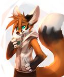  5_fingers armpits black_nose canine clothed clothing fennec fox fur grey_eyes hair looking_at_viewer male mammal orange_fur orange_hair simple_background smile solo standing thanshuhai white_background 