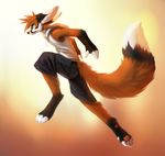  4_toes 5_fingers anthro armpits barefoot black_nose canine digitigrade fennec fluffy fluffy_tail fox fur green_eyes hair male mammal orange_fur orange_hair pawpads simple_background solo standing thanshuhai toes 