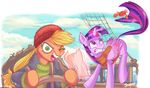  2016 applejack_(mlp) arthropod blonde_hair clothed clothing crab crustacean day duo equine feathered_wings feathers female feral friendship_is_magic fur green_eyes hair hat hooves horn jowybean life_jacket mammal marine my_little_pony open_mouth outside purple_eyes purple_feathers purple_fur purple_hair sky teeth tongue twilight_sparkle_(mlp) winged_unicorn wings 
