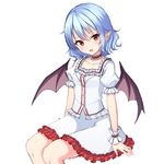  absurdres bat_wings blouse blue_hair collarbone fang highres junior27016 miniskirt open_mouth pointy_ears puffy_short_sleeves puffy_sleeves red_eyes remilia_scarlet short_sleeves sitting skirt skirt_set solo touhou white_blouse white_skirt wings 