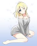  ;) ayase_eli bare_shoulders blonde_hair blue_eyes breasts cleavage closed_mouth collarbone hair_ornament long_hair looking_at_viewer love_live! love_live!_school_idol_project medium_breasts nanotsuki off-shoulder_sweater one_eye_closed ponytail smile solo sweater 