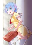  bad_id bad_pixiv_id bag blue_eyes blue_hair contemporary dress hair_ornament neckerchief open_door pink_ribbon re:zero_kara_hajimeru_isekai_seikatsu rem_(re:zero) ribbon ribbon_trim sailor_collar sailor_dress school_bag school_briefcase school_uniform serafuku short_dress short_hair short_sleeves solo thighhighs tochibi white_legwear x_hair_ornament yellow_dress 