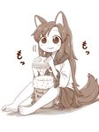 animal_ears barefoot bloomers brooch commentary eating feet food food_on_face full_body imaizumi_kagerou jewelry long_hair long_sleeves looking_at_viewer mg_mg monochrome poronegi sandwich sitting skirt solo tail touhou trash_can underwear wolf_ears wolf_tail younger 