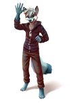  4_toes 5_fingers anthro barefoot black_lips blue_fur canine clothed clothing digitigrade fox fur green_eyes grey_nose male mammal open_mouth simple_background smile solo teeth thanshuhai toes tongue white_background white_fur zipper 