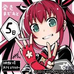  5 2016 armband blush company_name copyright_name countdown fingerless_gloves gloves green_eyes grin looking_at_viewer mary_skelter nanameda_kei number official_art oyayubihime_(mary_skelter) pink_hair smile solo spoken_number twintails v 