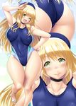  ;d ass ass_visible_through_thighs atago_(kantai_collection) ayato beret blonde_hair blush breasts collarbone competition_swimsuit covered_navel covered_nipples curvy green_eyes hand_on_hip hat highres kantai_collection large_breasts long_hair one-piece_swimsuit one_eye_closed open_mouth salute sandals smile solo swimsuit wide_hips 