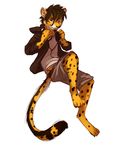  4_toes 5_fingers anthro barefoot black_nose black_spots brown_eyes brown_hair cheetah clothed clothing digitigrade feline fur hair headphones male mammal simple_background smile solo spots spotted_fur thanshuhai toes white_background yellow_fur 