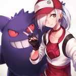  backpack bag baseball_cap black_gloves choker closed_mouth cropped_jacket female_protagonist_(pokemon_go) fingerless_gloves gen_1_pokemon gengar gloves grin hair_over_one_eye hat long_hair looking_at_another looking_at_viewer looking_to_the_side oopartz_yang original pokemon pokemon_(creature) pokemon_go ponytail red_sclera silver_eyes sleeves_past_elbows smile uma_(oopartz_yang) v white_hair 